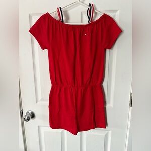 Tommy Hilfiger Red Off-Shoulder Girls' One-Piece Romper with Striped Straps
